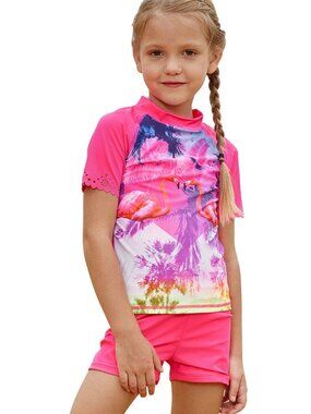 Girls Pink Flamingo Little Kid Tankini Swim Short Sleeve 2 PC Swimsuit Set